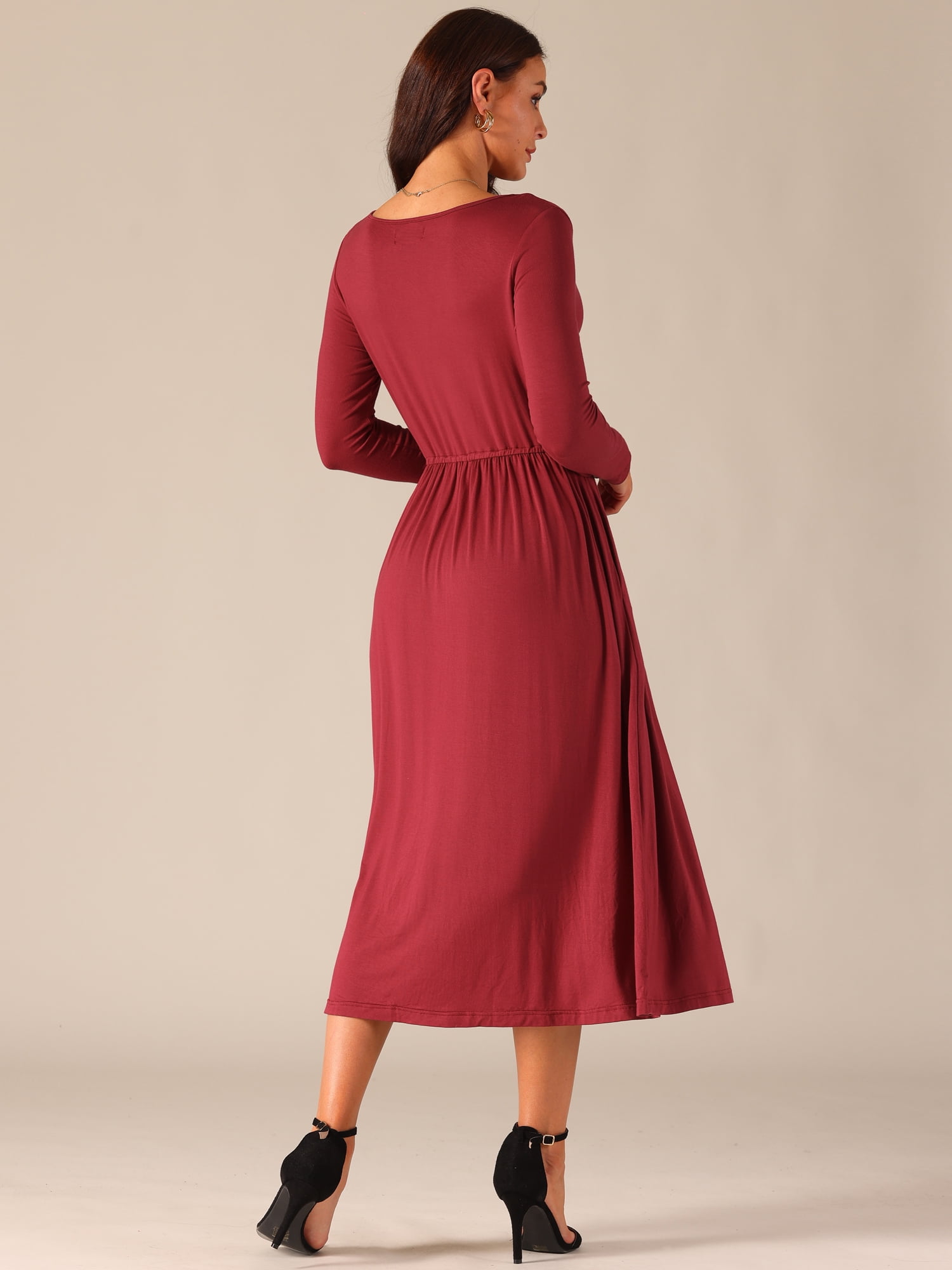 DARING DIVA Long Sleeve Round Neck Midi Dress S Wine Red