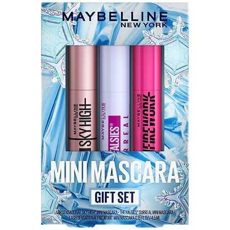 Maybelline Mascara Makeup Gift Set, Includes 3 Mini Mascara Formulas, Mini Sky High Mascara, Mini Surreal Mascara and Mini Firework Mascara, Very Black, 1 Kit