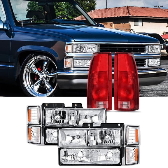 Nilight Headlight and Taillight Assembly Combo Compatible with 1994 1995 1996 1997 1998 Chevy Silverado Tahoe Suburban C10 C/K 1500 2500 3500 Tail Light Chrome Housing Amber Reflector Bumper Lamp