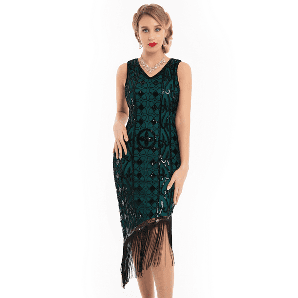BONGZUO Women's 1920s Flapper Dress Vintage Lace Fringed Gatsby Cocktail Dress With 20s Accessories Set