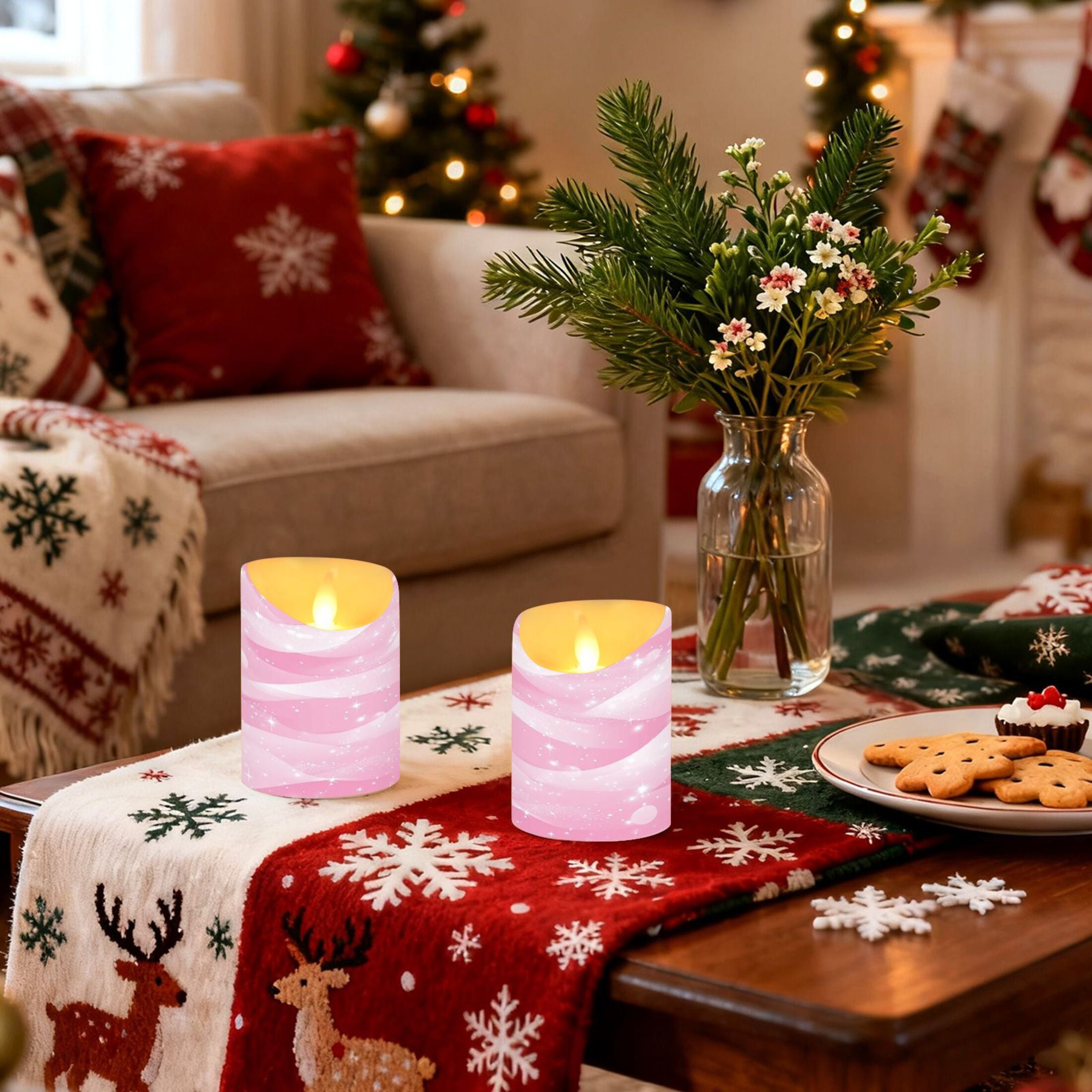 2 PCS Tilted Flameless Candles Flickering LED Lights Battery Operated Candles with Remote Timers for Holiday Decor Pink Stars and Waves