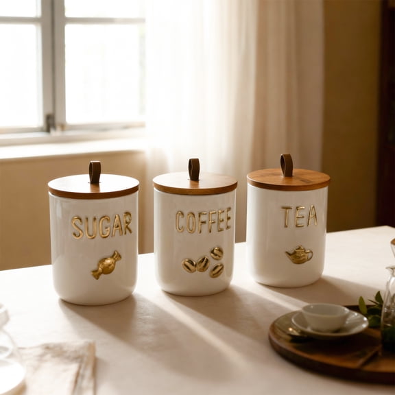 3 Pcs Tea Coffee Sugar Canister Set Ceramic Coffee Tea Sugar Container Set with Wood Airtight Lid for Home Pantry Countertop