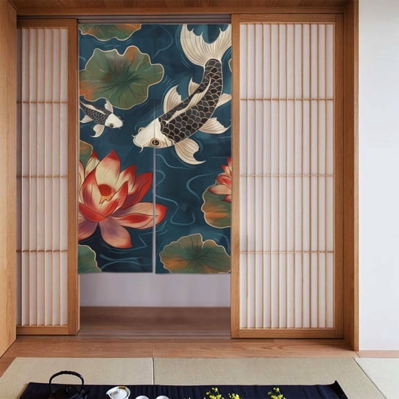 Noren Japanese Style Doorway Curtain Printed Door Tapestry Room Divider Curtains, 34" Width x 56" Long, Koi Fish Vintage Flower (1)