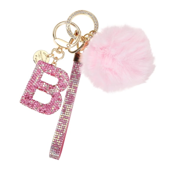 Uxcell Initial Letter Keychain, Alphabet B Bling Rhinestone Keyring Key Chains Charms with Pom and Rhinestone Wristlet for Women Girls Car Key Purse Backpack Handbag Charm, Pink
