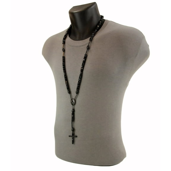 8mm Black Bead Rosary Pray Hand & Jesus Cross Chain HR 200 BK