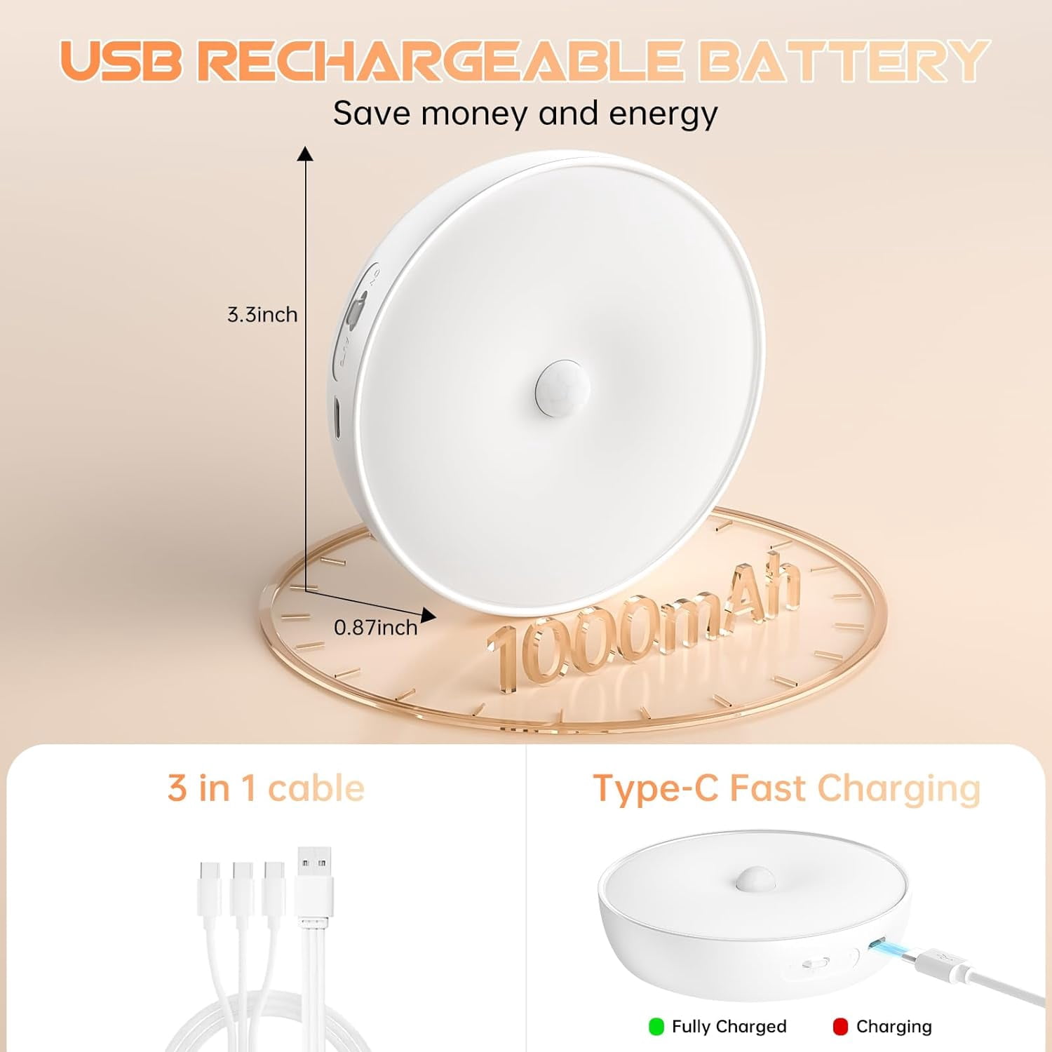 3 Colors Temperatures LED Closet Light Wireless Motion Sensor Puck Light Compatible with Charging Station, USB Rechargeable Battery Operated Puck Light with Remote (1 Pack)