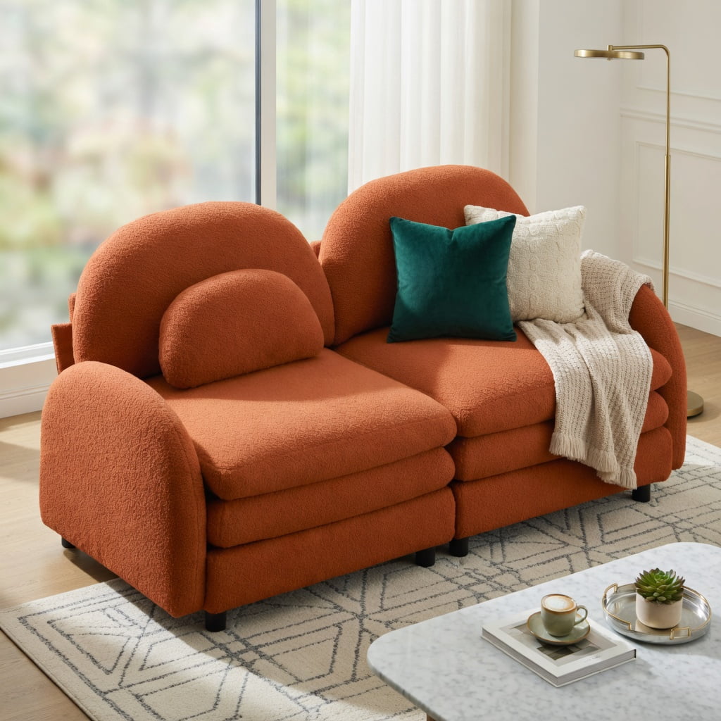 Hommoo Teddy Fleece Modular Loveseat Sofa, 2-Seater Cloud-Like Comfort Couch with Curved Backrest, Lumbar Pillows & Double-Layer Cushions, Orange