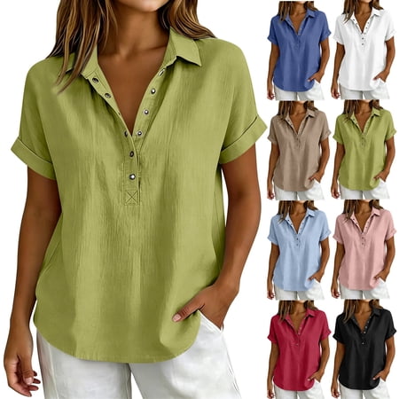 Womens Cotton Linen Shirts Collared V Neck Button Up Short Roll Sleeve Blouses Loose Fit Soft Business Casual Tops XL #01 Light Green