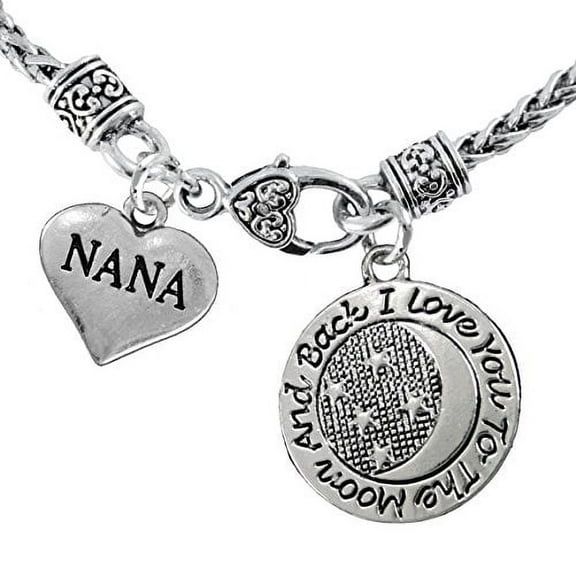 Nana, I Love You To The Moon And Back On A Antique Wheat Chain Necklace Hypoallergenic- Safe No ,Nickel,Lead,Or Cadmium In The Metal. ©2015