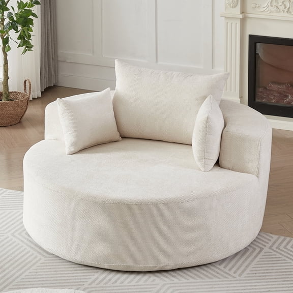 55" Oversized Round Chaise Lounge Sofa, Upholstered Lounge Chair with Pillows, Boneless Couch Reading Chairs for Living Room Bedroom, Beige Chenille