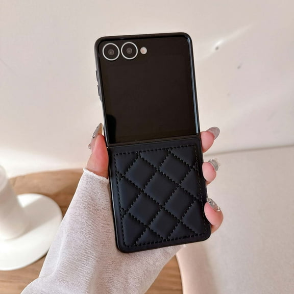 Decase Shockproof Leather Case for Motorola Razr 2024, Premium Leather Plaid Pattern Phone Case with Pearl Bracelet,PU Leather Hard PC Bumper Razr 50 Ultra Hybrid Cover with Pearl Lanyard,Black