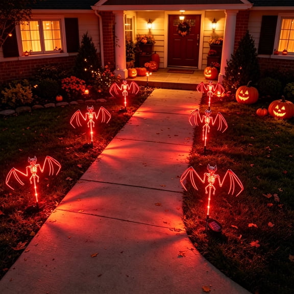 Voglyf Solar Garden Lights Outdoor for Halloween Decorations, 3D Scary Bat Skeleton Pathway Lights, Bat Decor for Lawn Porch Creepy Grave Yard Halloween Party Spooky Decoration,Orange