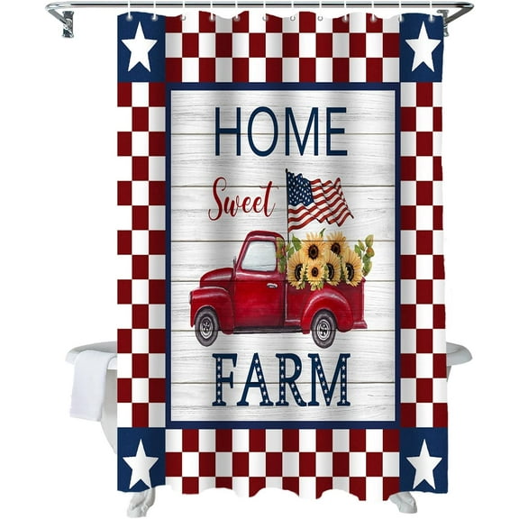 4th of July Shower Curtain American Flag Truck Floral Sunflower Patriotic Shower Curtains for Bathroom Decor Independence Day Wood Grain Red Plaid Bath Curtains Sets Waterproof Small Stall 36" x 72"