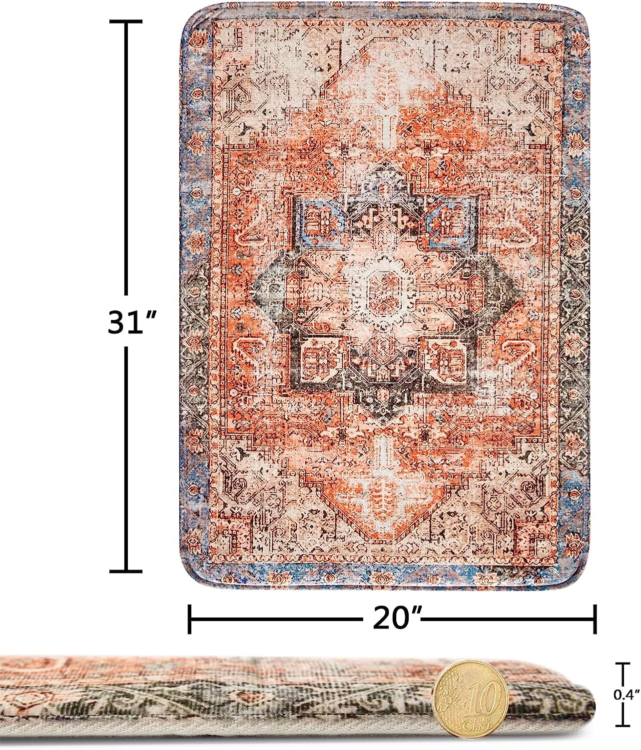 Terracotta Oriental Persian Bathroom Rugs with Thicken Non-Slip Rubber Backing 20’’W x 31’’L, Boho Tribal Vintage Traditional Soft Velvet Absorbent Foam Bath Mat Rug Washable, Quick Drying