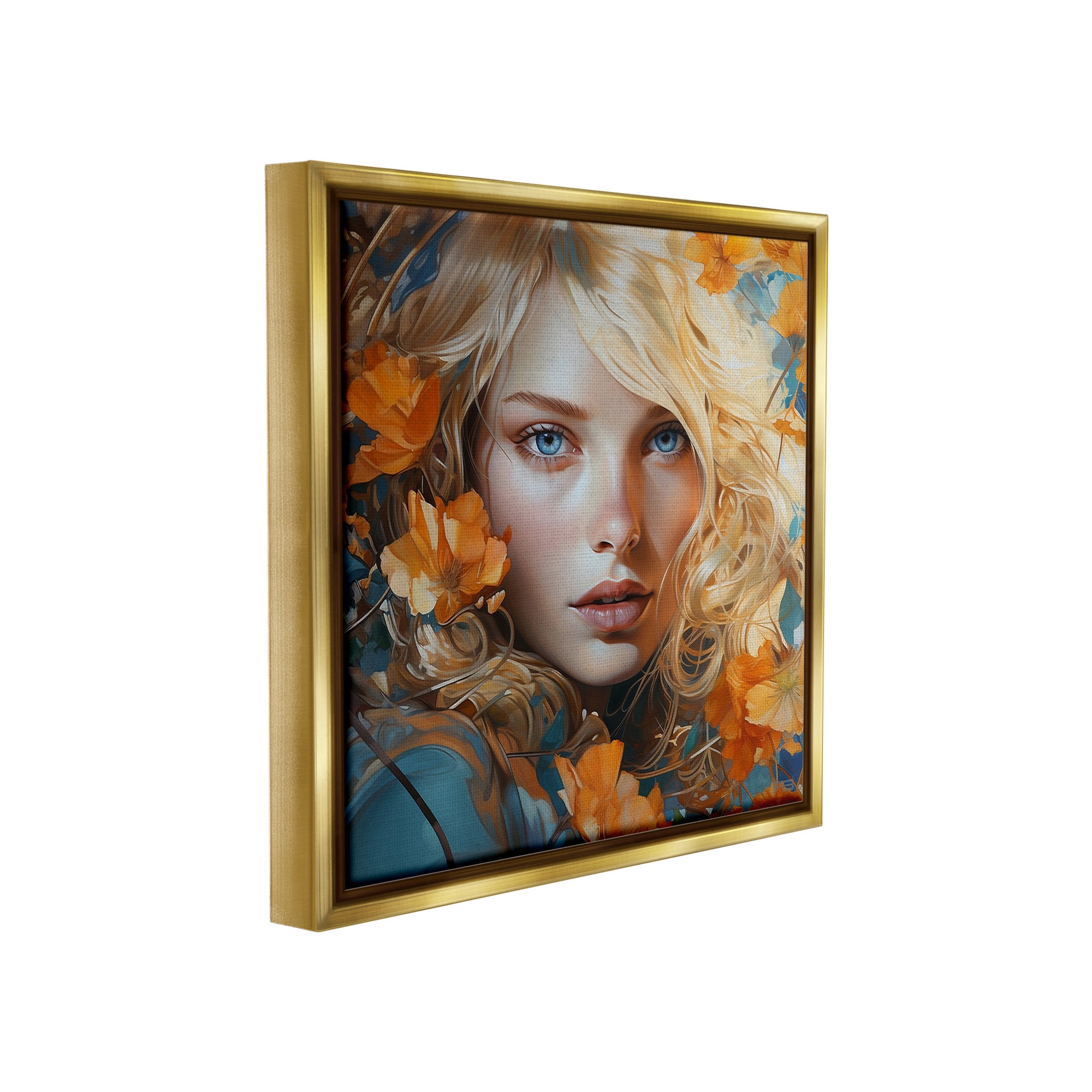 Stupell Industries Woman with Blue Gaze Botanical & Floral Painting Gold Floater Framed Canvas Art Print Wall Art, 18 x 18