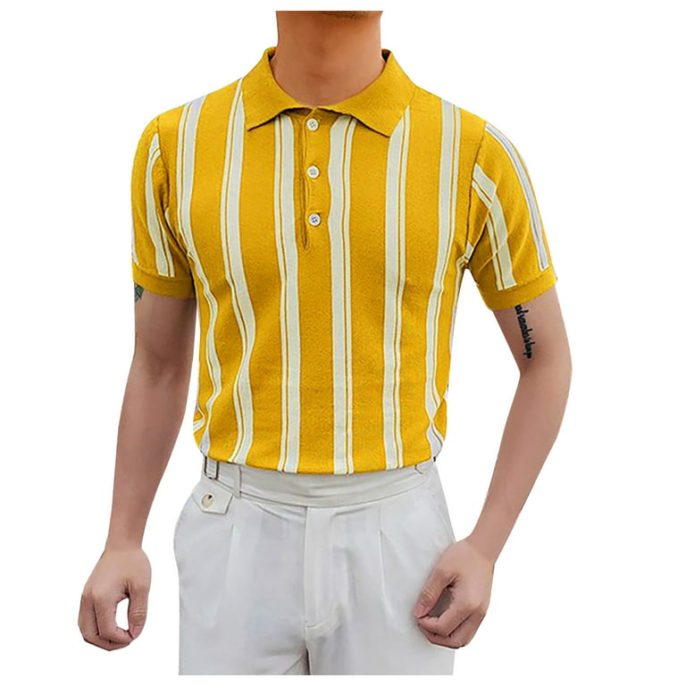 Juebong Men's Knit Polo Shirts Yellow Vertical Stripes Lapel Short