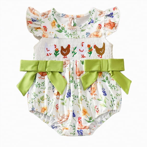 enyan Baby Girl Romper Farm Chicken Onesie Outfit Ruffle Smocked Bow Bodysuit Western Country Infant Newborn Summer Clothes,Pink,6-12 Months