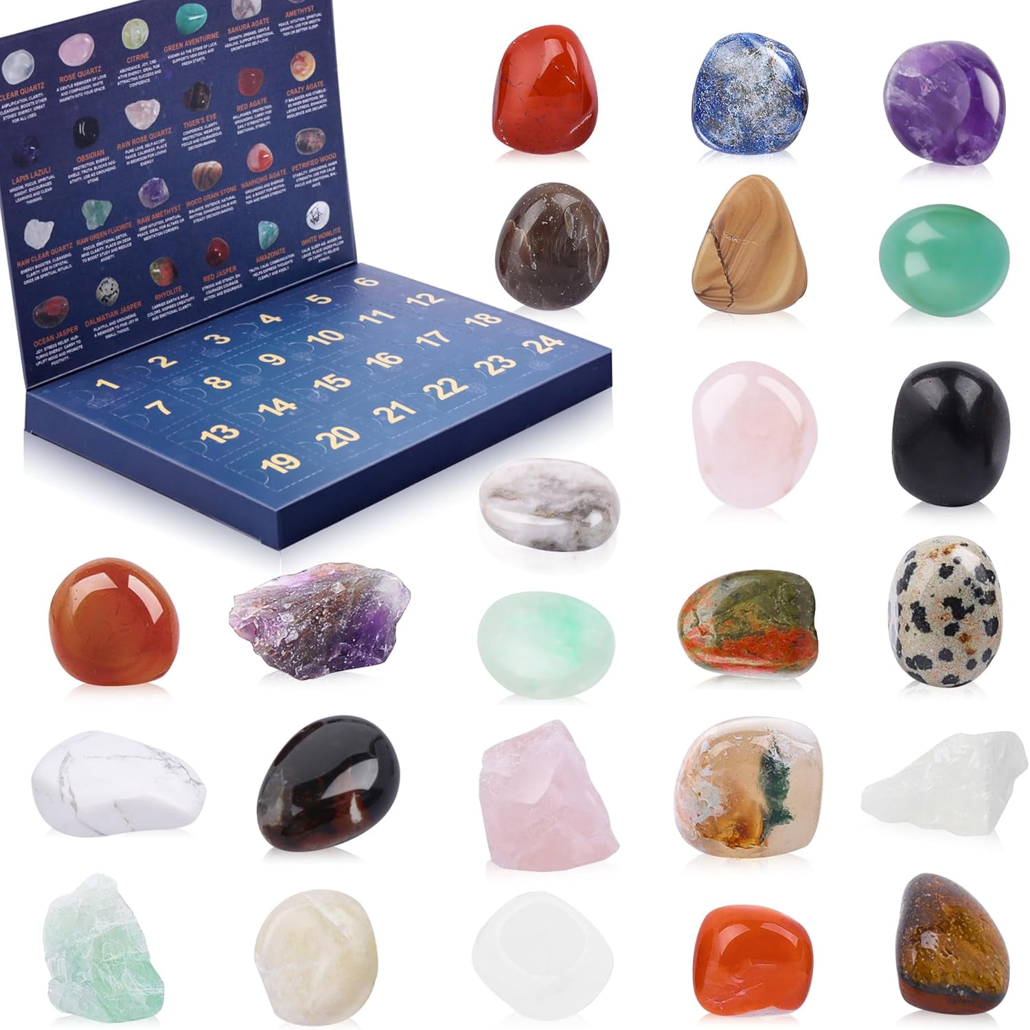 Crystal Advent Calendar 2025 for Kids, 24 Natural Gemstones Stones Advent Calendar with Geographic Gemstone Rocks and Minerals - Christmas Countdown Gift for Boys, Girls, Teens & Adults（2pack）