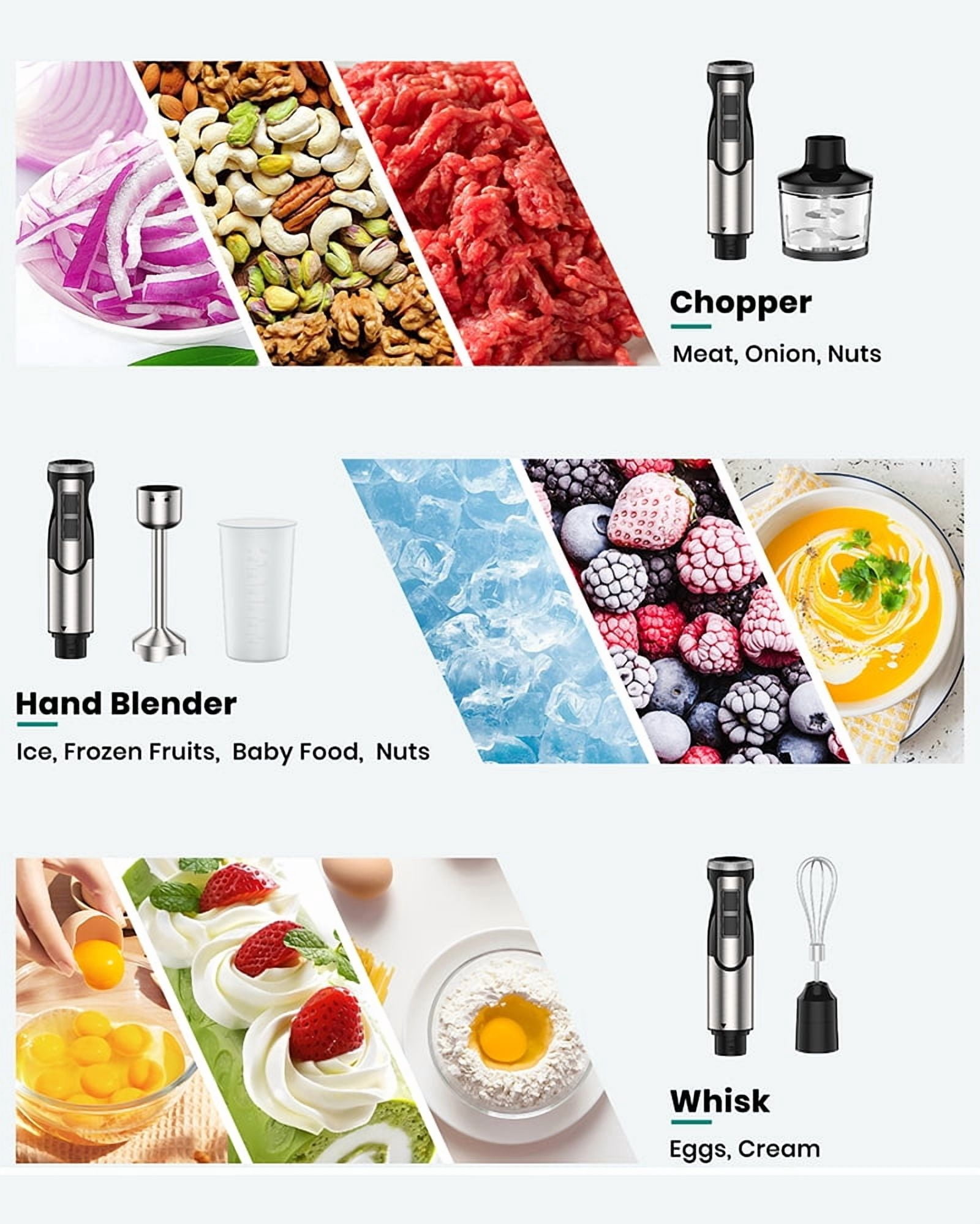 1800W Immersion Blender Handheld 4-in-1 Hand Blender Stick for Ice Crushing Smoothie, Baby Food, Soup, 8 Speed Hand Mixer Turbo Boost Stainless Steel Blade with Whisk, Chopper, Beaker