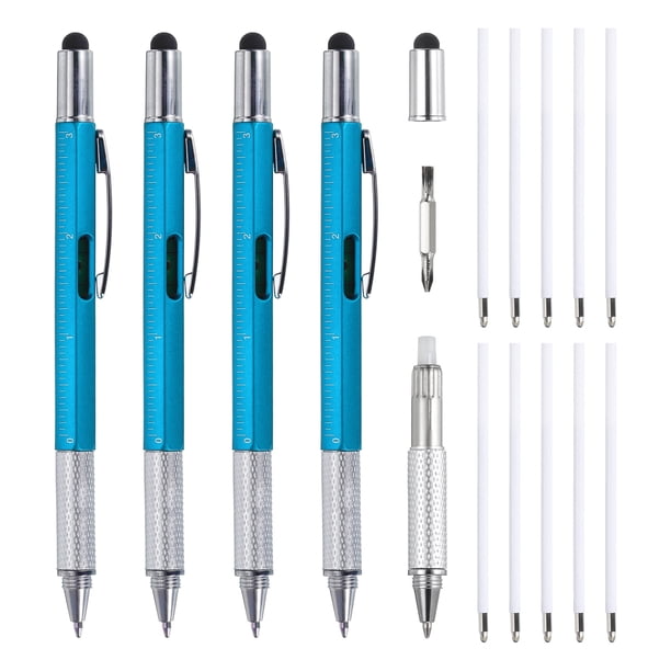 4 piezas 6 en 1 herramienta multifuncional bolígrafo regalos para hombres con bolígrafo, regla, destornillador, stylus, azul