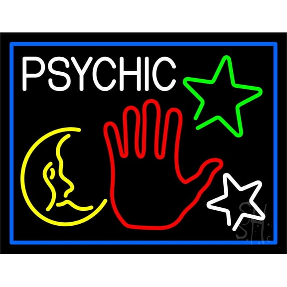 Red Palm Logo Psychic And Blue Border LED Neon Sign 24" Tall x 31" Wide - inches Black Square Cut Acrylic Backing, with Dimmer - Bright and Premium built indoor LED Neon Sign for Storefront.