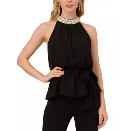 Adrianna Papell Imitation Pearl Mock-Neck Peplum Top