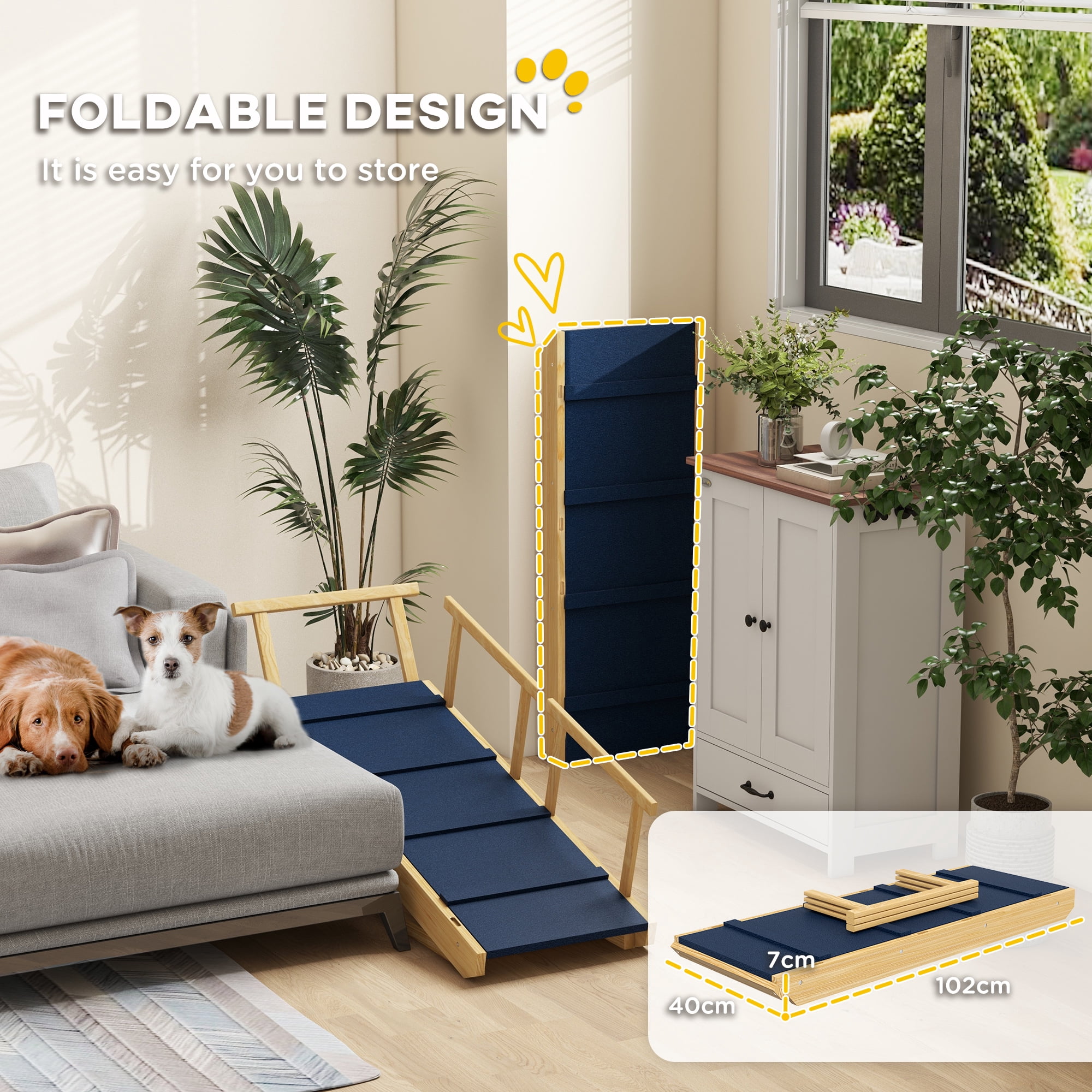 Dog Ramp, Adjustable 4 Height Pet Ramp, Foldable Wooden Dog Stairs with Non-slip Mat for Small to Large Dogs to Get on High Bed or Sofa Couch, Natural Wood Finish