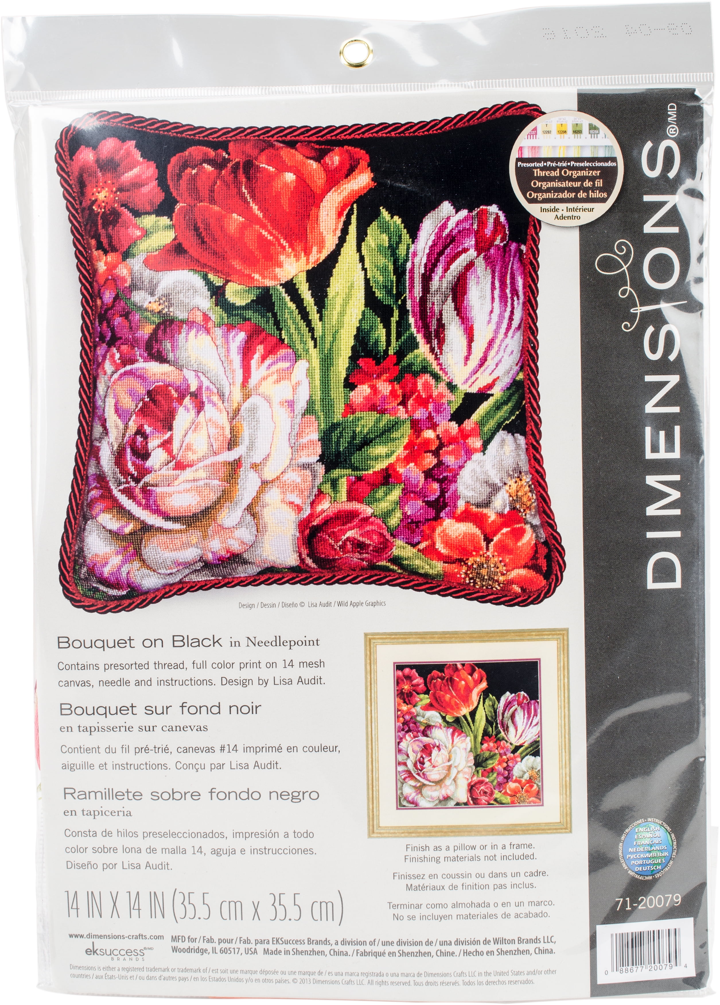 Dimensions Needlepoint Kit 14"X14"Bouquet On Black Stitched In Thread