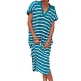 thumbnail image 2 of Short Sleeved Women V-neck Casual Loose Knit Dress Lapel Striped Print Straight Knee Sweater Dress, 2 of 5