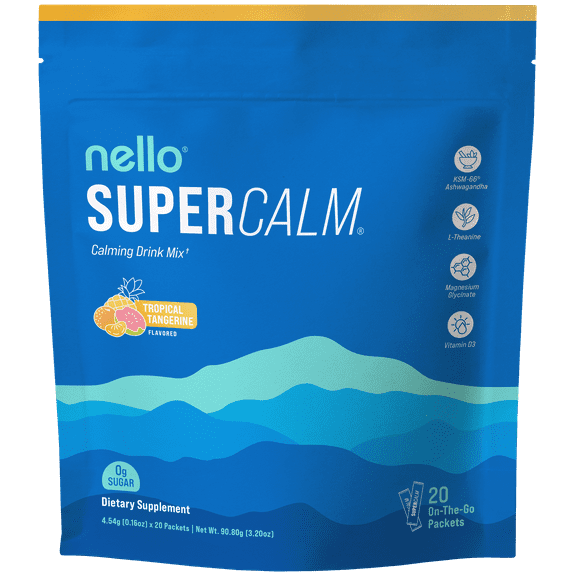 Nello Supercalm Drink Mix - Ashwagandha KSM 66, Magnesium Glycinate & L-Theanine Supplement - Ashwagandha Root Extract - Focus and Relaxation Support (20 Travel Packets) - Tropical Tangerine