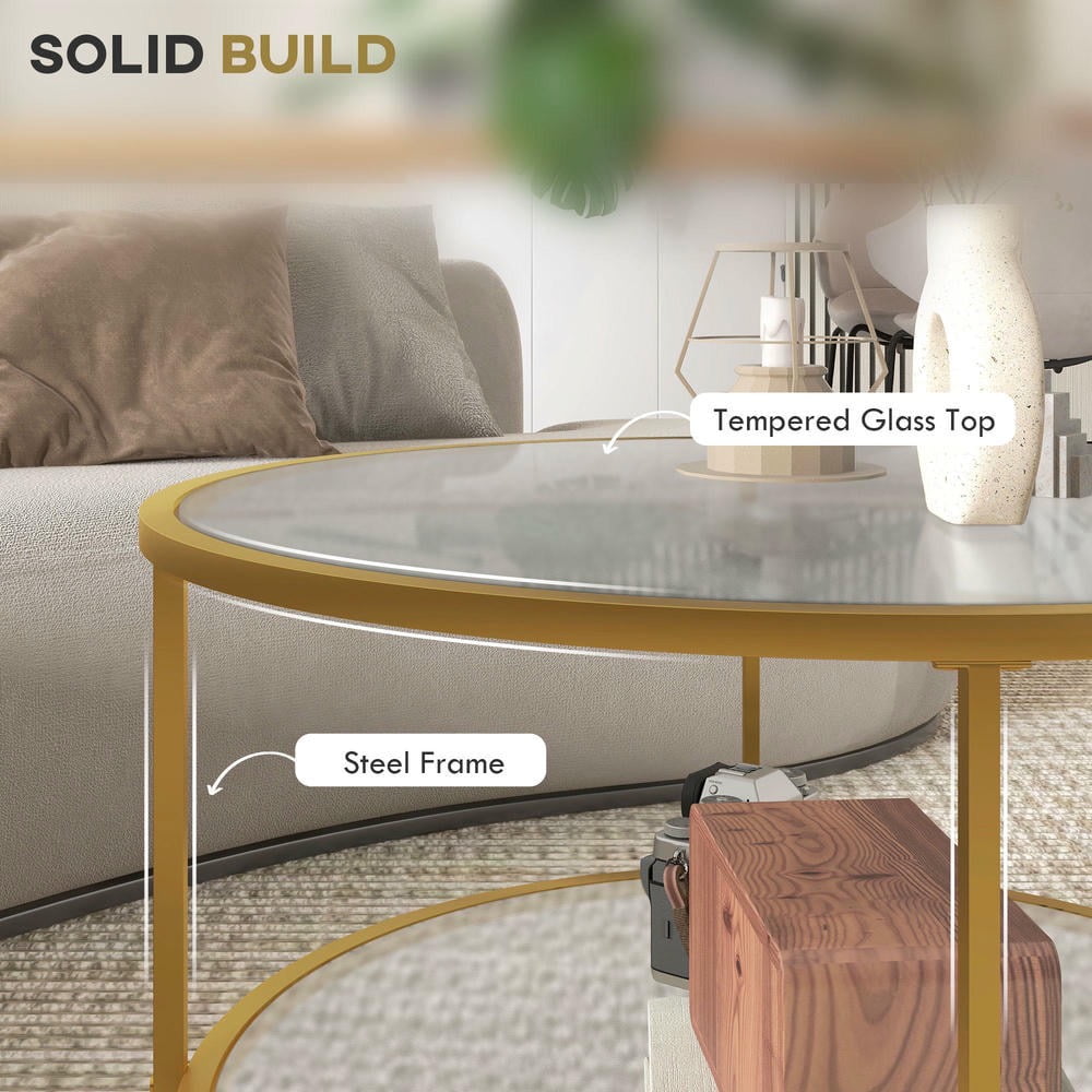Kadyn Coffee Table, Center Table, Tea Table,Side Table with Storage, 26" Round End Table, 2-Tier Tempered Glass Coffee Table, Gold