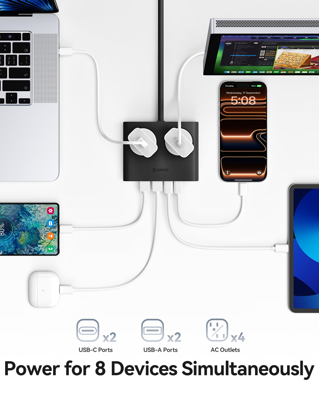 ORICO 25W GaN 8-in-1 Power Strip with 4 AC Outlets & 4 USB Ports (USB-A/USB-C), 5ft Flat Plug Outlet Extender for Home Office Travel(BLACK)