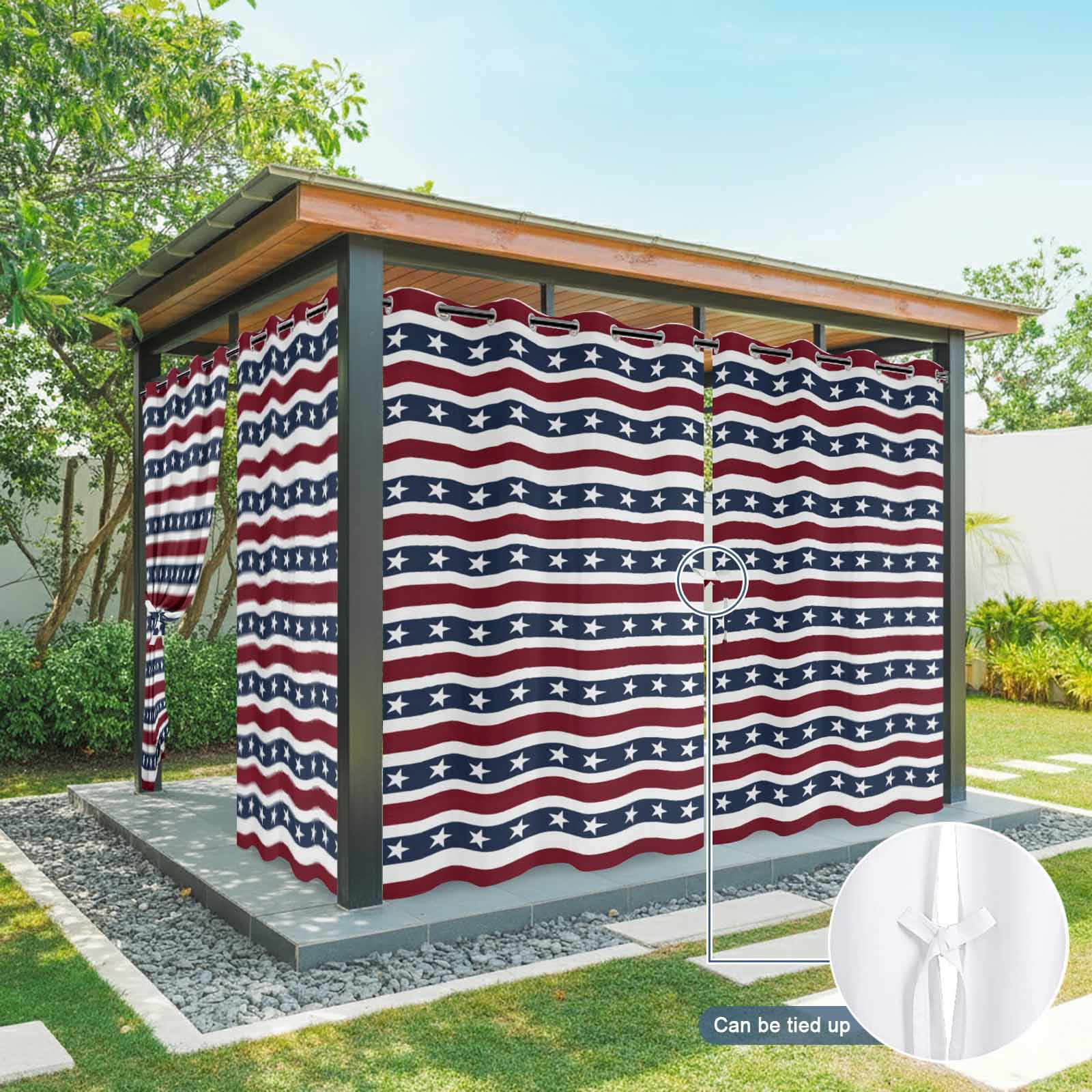 Independence Day Outdoor Curtains for Patio, Watercolor U, S, Flag Themed White Five-Pointed Star Sunshade Privacy Drapes Grommet Waterproof Outside Curtains for Porch Balcony 54"x108", 1 Panel