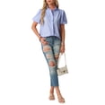 thumbnail image 6 of VJGBEGW Women Striped Blouses Spring Summer Ruffle Collar Puff Sleeve Button Down Shirts Business Casual Tops Blue M, 6 of 7