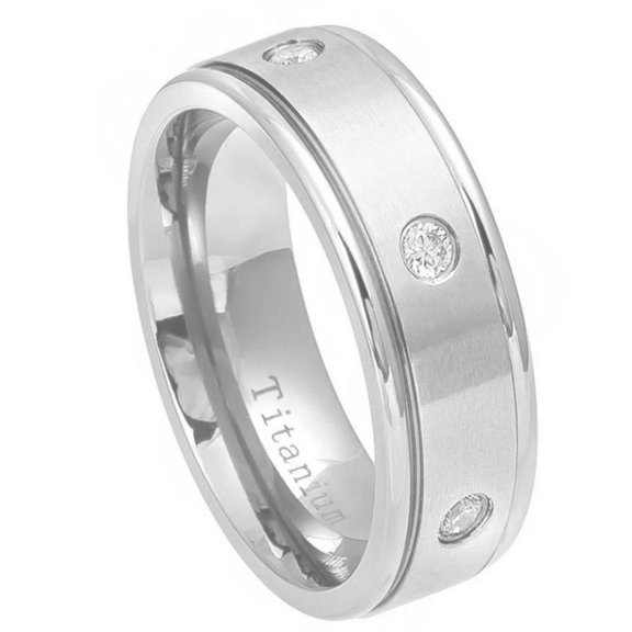 9mm White IP Plated Titanium Ring Brushed Center with 6 CZs, Shiny Stepped Edge Wedding Band Ring For Men Or Ladies