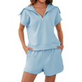 thumbnail image 1 of Women Two Piece Outfits Tracksuit Half Zip Lapel Cap Sleeve Sweatshirt High Waist Drawstring Shorts Set Sweatsuit, 1 of 6