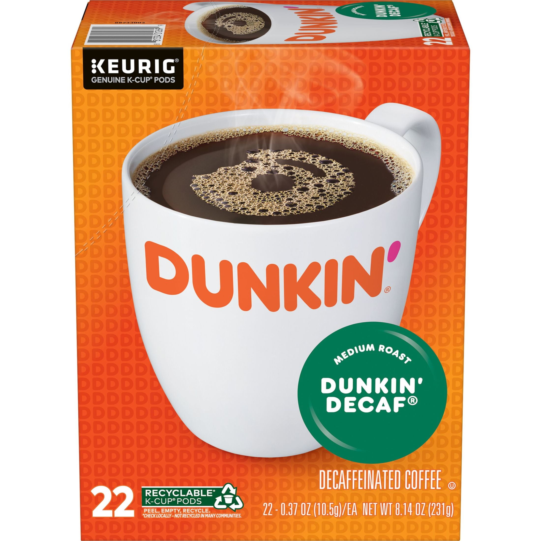(4 pack) Dunkin’ Decaf Medium Roast Coffee, Keurig K Cup Pods, 22 Count Box