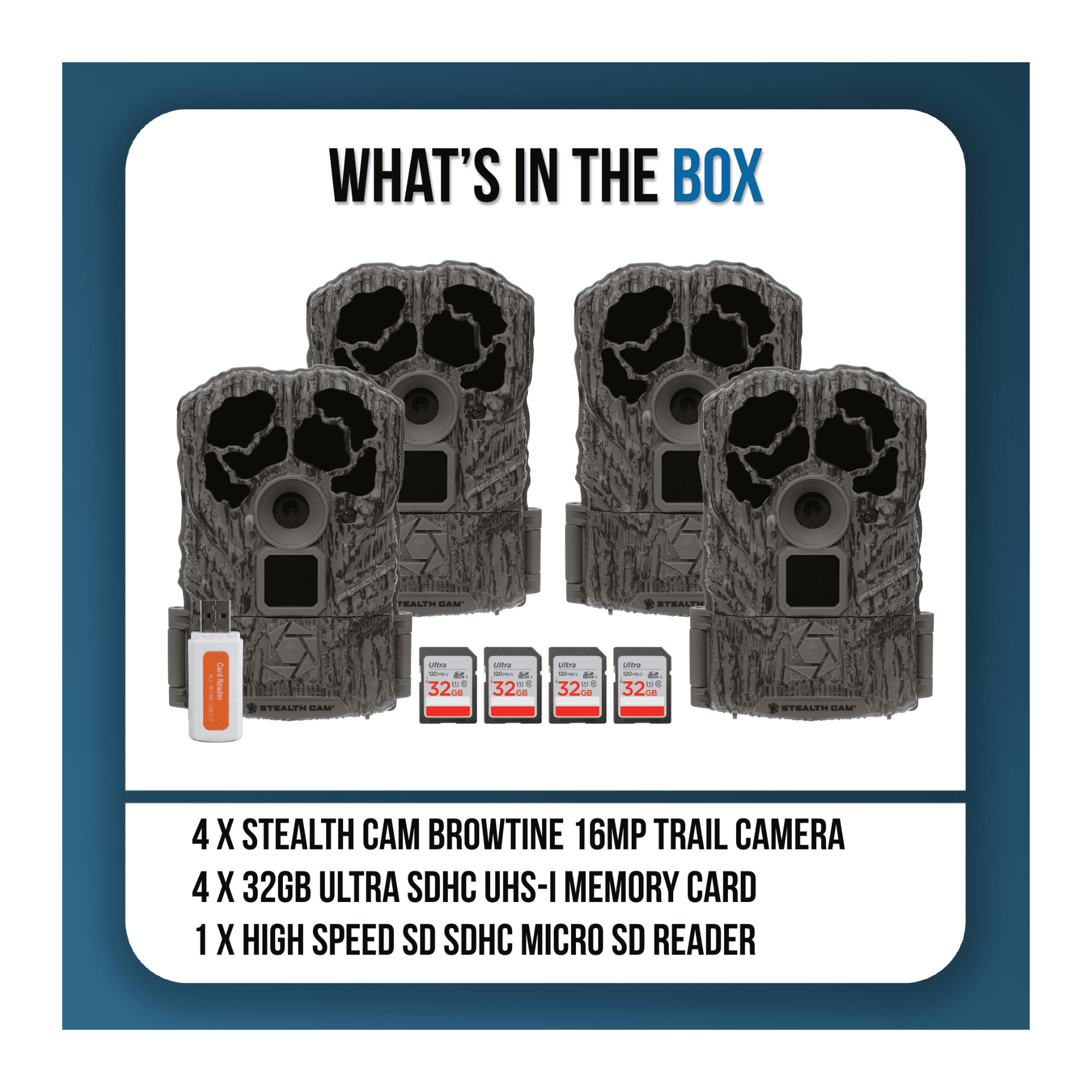 Stealth Cam Browtine 16MP Durable Trail Camera Bundle with 32GB Ultra SDHC UHS-I Memory Card, and High-Speed Card Reader (4-Pack, 9 Items)