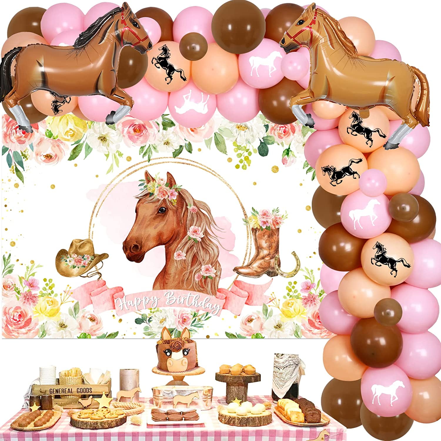 Horse Balloon Garland Arch Kit, Pink Floral Horse Photo Backdrop for