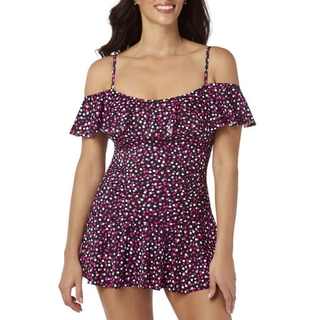 - Women's Retro Shirred Off-the-Shoulder One-Piece Swimdress