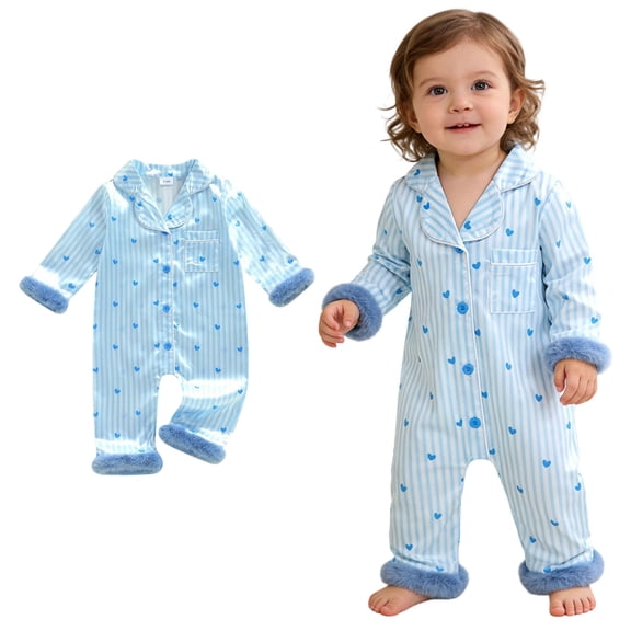 Newborn Silk Pajamas Valentines Day Pajamas Heart Feather Trim Button down Long Sleeve Jumpsuit Loungewear Newborn Sleepers for Girls 0-3 Months