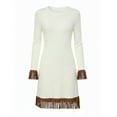 thumbnail image 4 of Womens Long Sleeve Sweater Mini Dress with Tassel Hem, Vintage Ribbed Knit Fringe Short Dresses Plaid Dresses for Women Beige M, 4 of 4