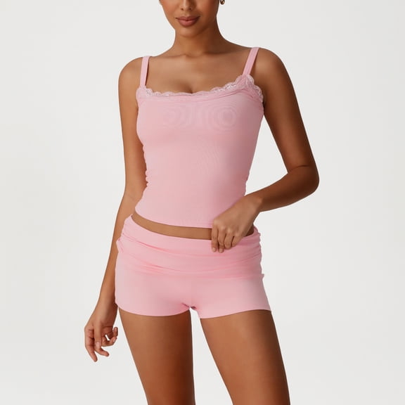 PISONIC Women's Two Piece Outfit Lace Trim Top and Shorts Set 2 Piece Lounge Sets Gym Yoga Athletic Clothes