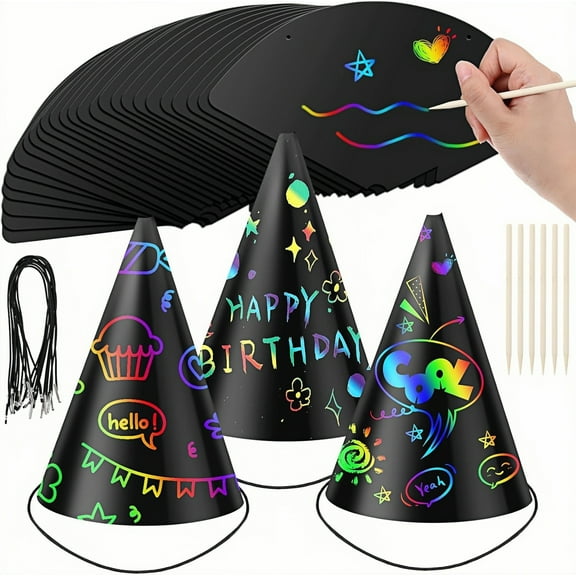 WuPing 108 Pcs Scratch-Off Party Hats DIY Birthday Art Cone Hats Colorful Party Handmade Paper Hat Decorations