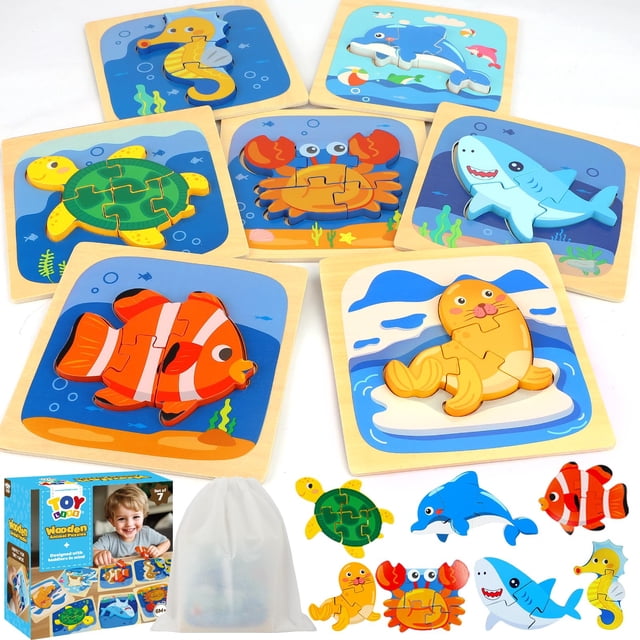 Puzles de madera para niños pequeños TOY Life, 7 unidades, animales marinos de 1 a 3 años