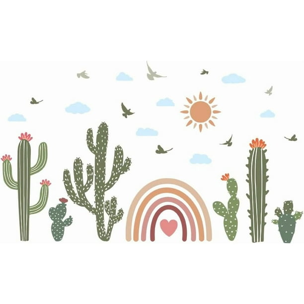 Calcomanías de pared de cactus bohemios con pájaros arcoíris, pegatinas de pared grandes, pegatinas de pared extraíbles para decoración de habitación infantil.