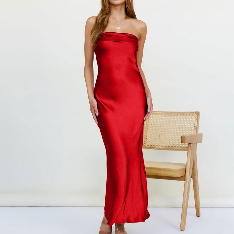 SMihono Summer Ball Gown Strapless Tube Ankle Dress for Women Sleeveless  Slip Classic Elegant Solid Tube Off Shoulder Babydoll Slim Fit Flowy Dressy  Evening Party Dress Smocked Red 10