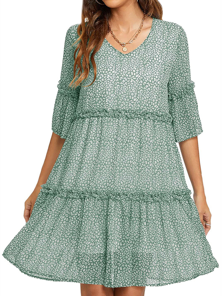 ZXZY Women Floral Print Ruffle Elbow Sleeve V Neck Pleated Tiered Mini