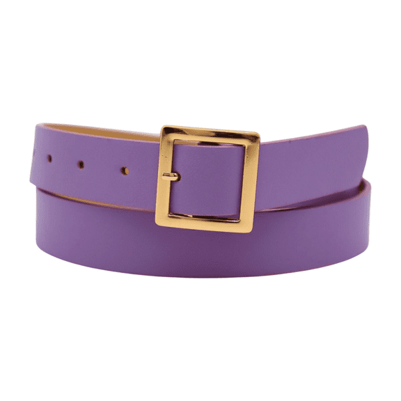 Women Lavender Color Faux Leather Skinny Belt Gold Metal Square Buckle S M