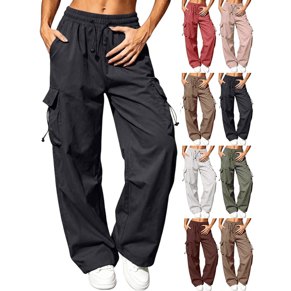 Liuinsasek Women's Cargo Pants Solid Color High-Waisted Wide-Leg Casual Length Pants Adjustable Elastic Waistband with Pockets|For Sports and Fitness
